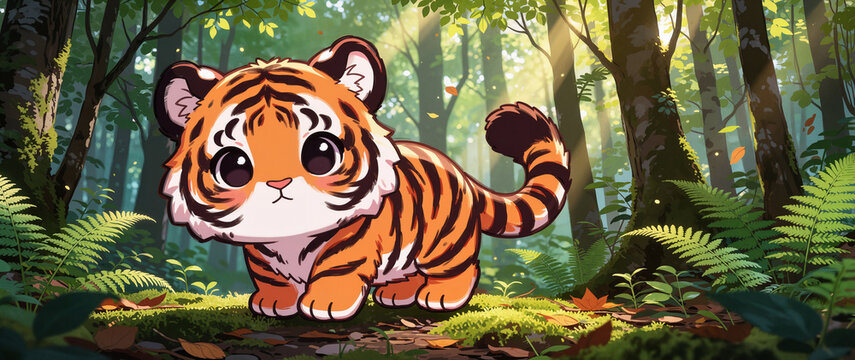 A cute chibi cartoon illustration of a tiger in a forest