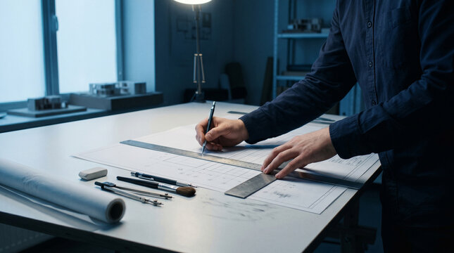 Drafting precise architectural lines on technical blueprints under a focused desk lamp in a dark modern office studio at midnight hour.