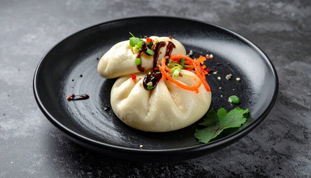 Soft steamed bao bun served on black ceramic plate