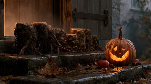Thump-the-Door Night: still life photograph of cabbage stumps lined up on a worn stone doorstep beside a hand-carved glowing turnip lantern, scattered autumn leaves, a few red apples and hazelnuts