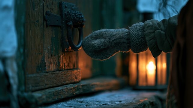 Thump-the-Door Night: close-up photograph of a child's hand in a chunky wool mitten thumping a weathered oak cottage door with a cabbage stump, dark iron door knocker and peeling green paint