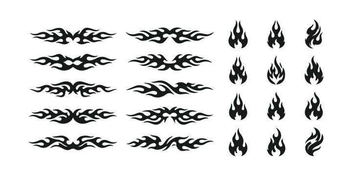 Set of black tribal flame shapes and fire design elements for tattoo art
