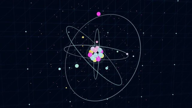 Colorful atom model with orbits and particles on grid background