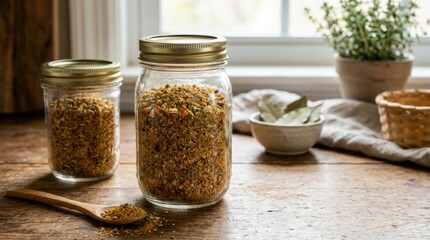 Fototapeta premium Homemade Dry Seasoning Blend in Glass Jar on Wooden Table