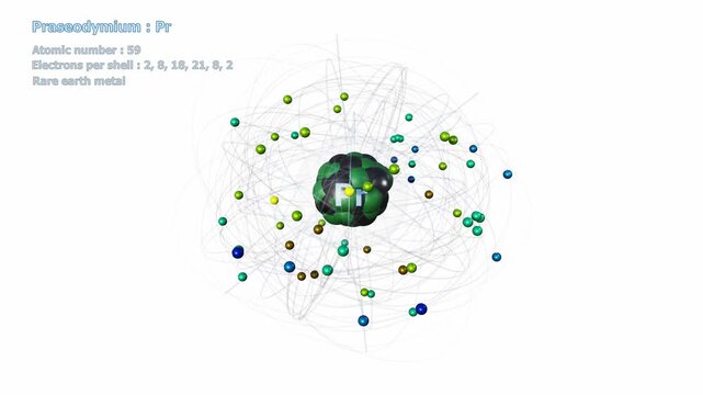 Atom of Praseodymium with 59 Electrons in infinite orbital rotation on a white background