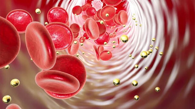 Nanoparticles in bloodstream, 3D animation. Nanoparticles circulating among red blood cells, illustrating applications in drug delivery, diagnostics, imaging, targeted therapy, biosensing and nanomedi
