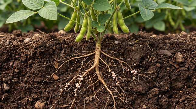 Scientific visualization of a soybean plant showing its taproot, lateral roots, and nitrogen-fixing nodules that contribute to soil fertility and crop development.