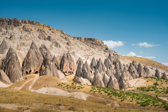 Eroded volcanic cliffs near Selime Cathedral in Cappadocia, Aksaray, Turkey