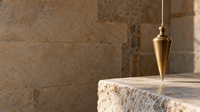 Golden masonic pendulum hanging over a stone altar