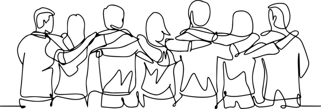 Continuous line drawing of a diverse group of people standing with arms around