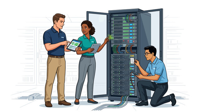 Diverse IT professionals working together on server rack maintenance and data center operations.