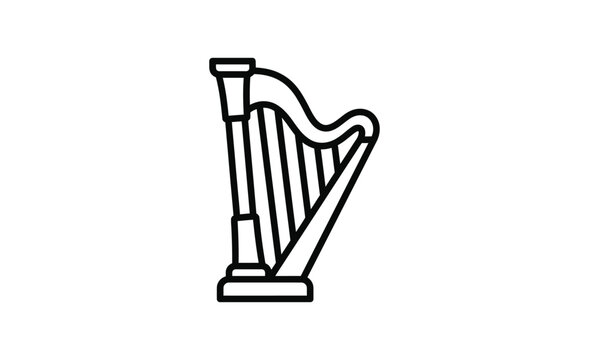 Line art illustration of a harp on a white background