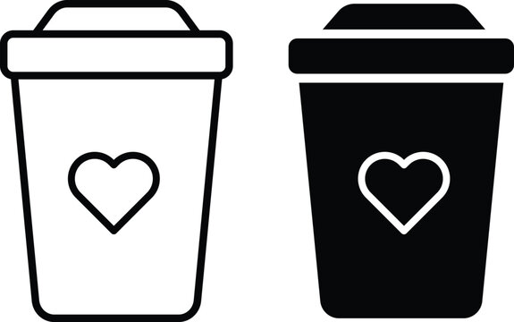 Favorite drink icon set. coffee cup icons with heart symbols.