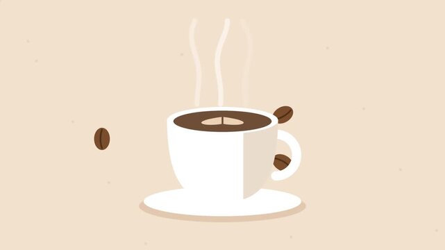 Minimalist flat design illustration of a hot coffee cup with floating coffee beans and steam on a warm beige background.