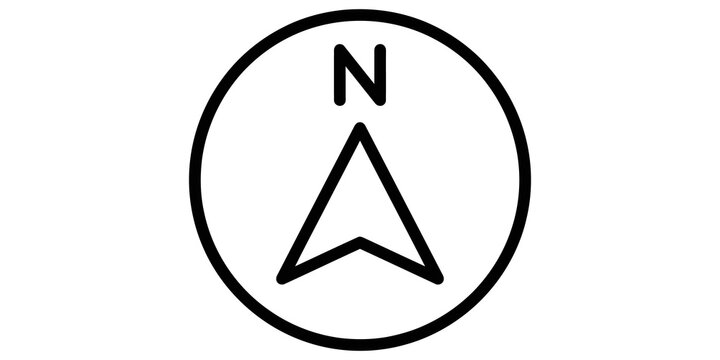 Compass direction north arrow icon inside circle for navigation and orienteering maps.