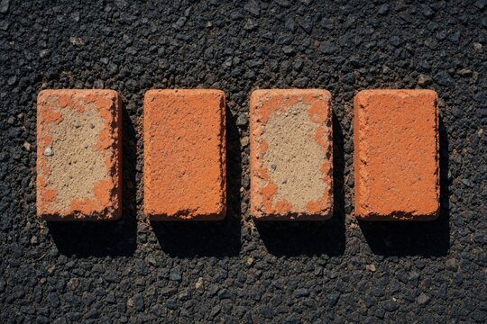 Four orange clay bricks lie in row on dark asphalt road. Rough terracotta blocks rest on black textured street surface. Close up view of construction materials pavement elements under bright sunlight
