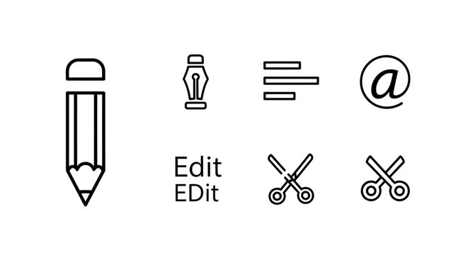 Set of editing and writing icons: pencil, pen nib, text alignment, at symbol, scissors, and edit text - isolated on transparent background