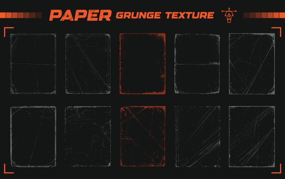 Retro photo frame grunge texture set. Scratched dusty paper overlays with aged borders. Rough grain high quality vector backgrounds. Useful for vintage poster and cover design.