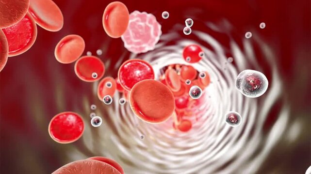 Nanoparticles in bloodstream, 3D animation. Nanoparticles circulating among red blood cells, illustrating applications in drug delivery, diagnostics, imaging, targeted therapy, biosensing and nanomedi