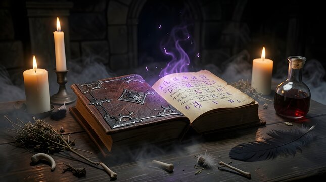 Mystical spellbook emitting purple magic smoke on an old wooden table with glowing candles and potions