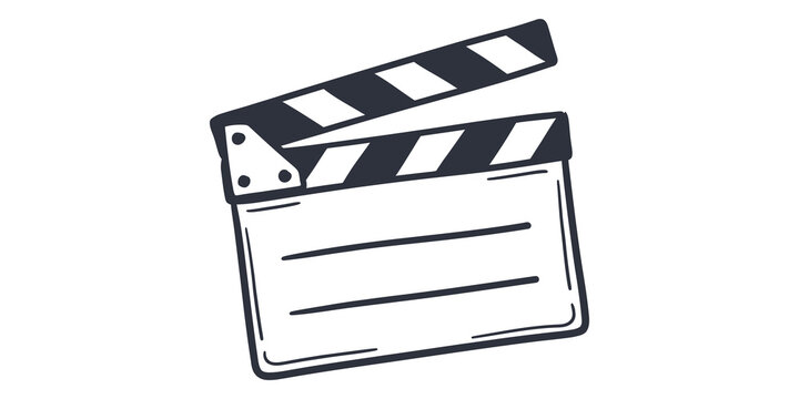 Black and white film clapperboard icon for video production and cinema media content creation.