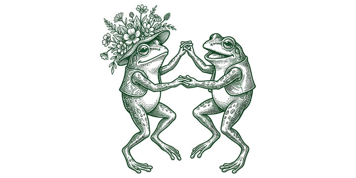 Vintage style hand drawn illustration of two dancing frogs wearing vests and flower hat.