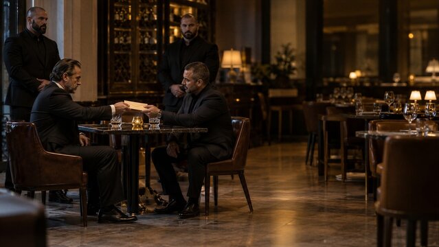Men in suits exchanging envelope in luxury restaurant