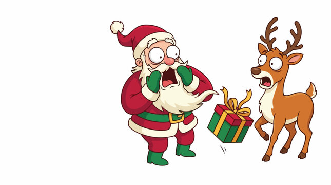 Funny cartoon Santa Claus and reindeer shocked by dropping a gift during Christmas preparation