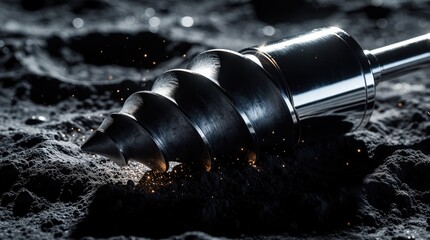 Fototapeta premium Futuristic metallic drill bit pierces dark lunar surface. Glowing dust particles fly near heavy industrial tool. Sci fi concept shows space mining mission on moon. Advanced tech equipment explores