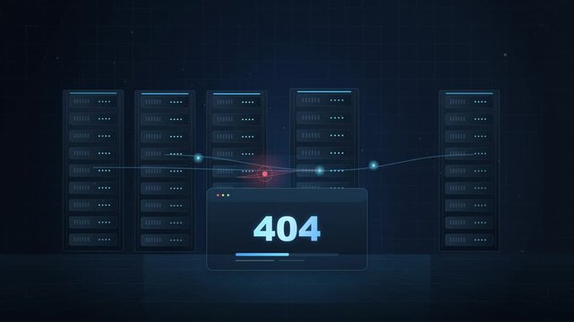Digital server room showing 404 error page not found alert