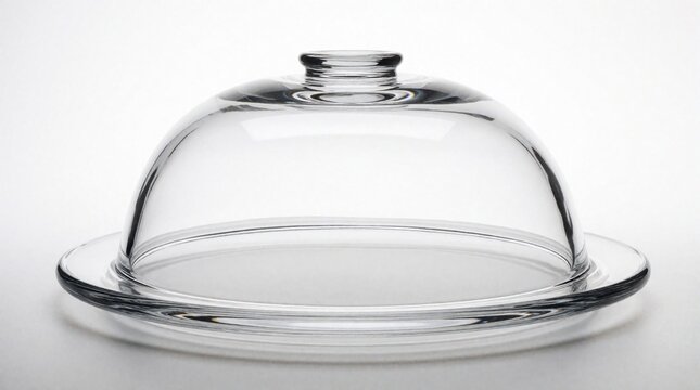 Clear glass dome cover with wide rim isolated on white background. Transparent round cloche for food display cake protection. Shiny circular lid for kitchen utensils serving cheese, pastries in