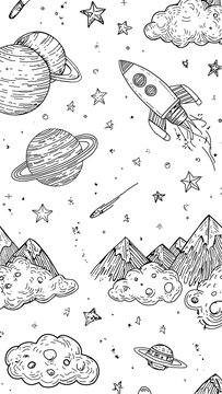 Outer Space Doodle Vector Background with Planets Rockets and Moon Potrait.