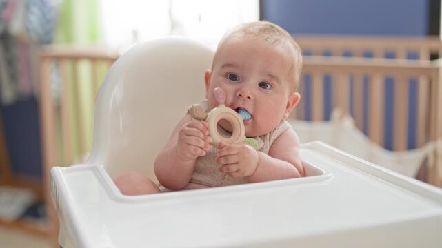 Boy holding a teether with hands and mouthing the toy while seated in a highchair inside a home building, crib and curtains visible; curiosity.