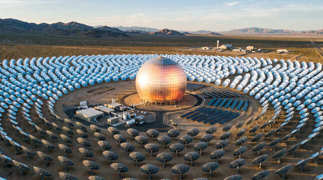 Aerial view of concentrated solar power plant with circular heliostat mirrors and central tower in desert, renewable energy at sunset