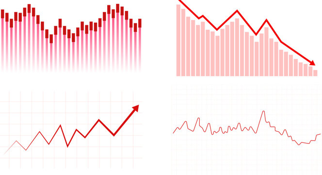 Dynamic red graph set illustrating market financial volatility on transparent background. Stock market. The rise and fall of securities. Successful trading. Market trend up financial graphs.