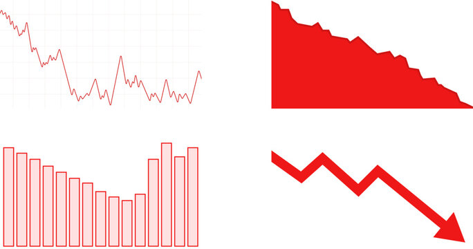 Dynamic red graph set illustrating market financial volatility on transparent background. Stock market. The rise and fall of securities. Successful trading. Market trend up financial graphs.