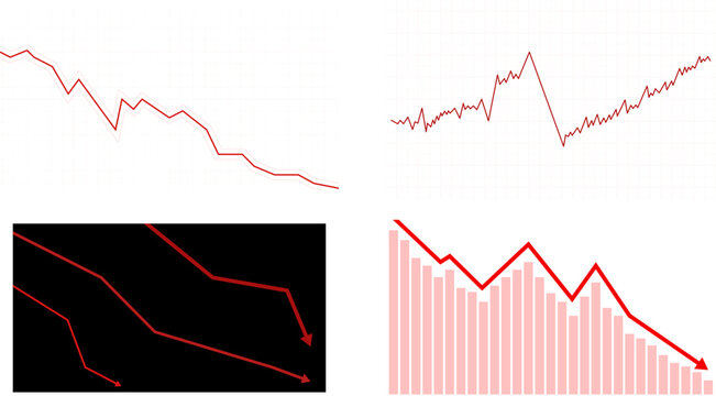 Dynamic red graph set illustrating market financial volatility on transparent background. Stock market. The rise and fall of securities. Successful trading. Market trend up financial graphs.