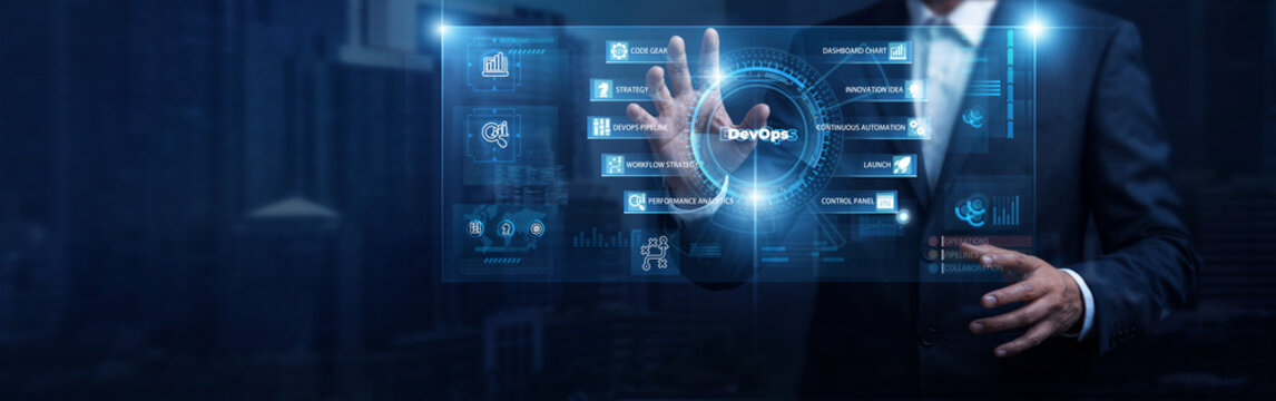 Businessman analyzing software delivery lifecycle and digital screen, DevOps data networking interface. Continuous integration deployment, automated agile operations, cloud engineering dashboard.