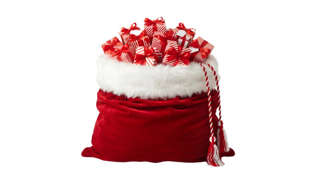 Santa claus red velvet sack full of striped gift boxes with bows isolated on transparent background