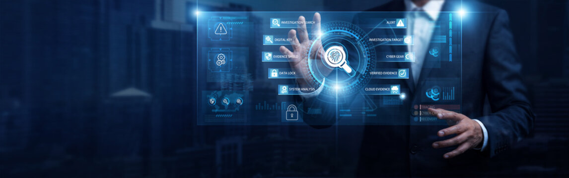 Businessman analyzing cyber crime investigation logs and digital screen, digital forensics data networking interface. Cyber incident evidence recovery, electronic data inspection.