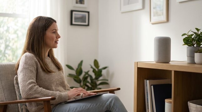 Woman using smart speaker voice assistant command via accessibility feature in modern home living room   