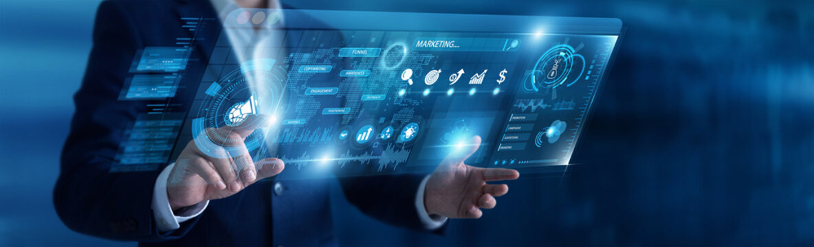 Businessman analyzing Marketing campaign analytics and digital screen, brand promotion data networking interface. Digital audience targeting, market growth chart, commercial advertising.