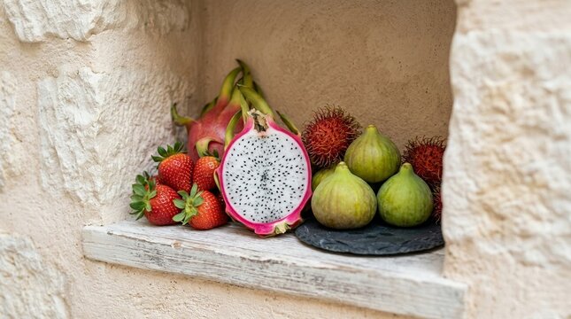 Dragon fruit strawberries figs and rambutan arranged on slate plate in rustic white stone wall niche