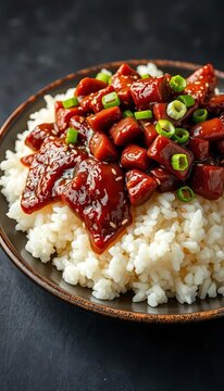 A plate of savory teriyaki beef served over a bed of fluffy rice, garnished with green onion and sesame seeds, rice, meal