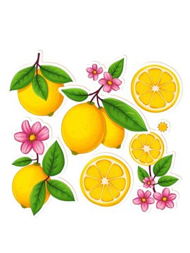 Charming lemon sticker set featuring cartoon lemons, slices, leaves, and flowers on a beige background, baking accessory, ||lemon stickers
