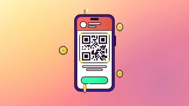 Smartphone QR Code Scan with Floating Gold Coins Flat Vector Motion Graphic for Digital Payment, Fintech, and E-Commerce