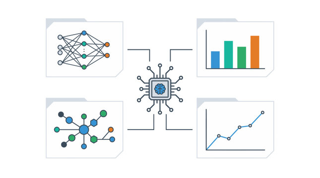 Artificial intelligence tech vector illustration, neural network chip and data analysis, machine learning process infographic elements