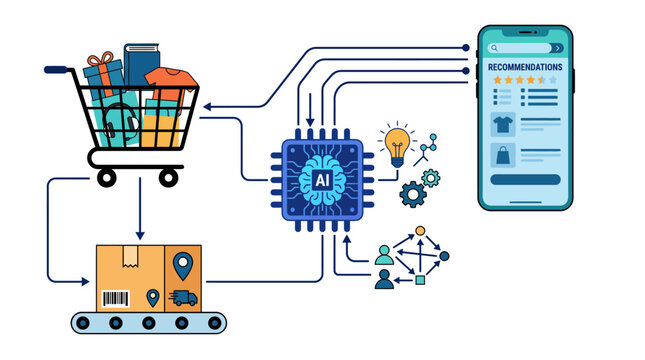 Artificial intelligence ecommerce recommendation engine vector illustration, smart shopping algorithm icon concept, digital retail machine learning workflow banner