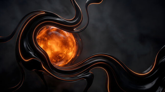 Glossy black liquid curves around a bright orange glowing core in a dark futuristic abstract scene.