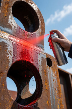 Male technician uses red dye penetrant spray on metal weld. Industrial worker performs liquid penetrant testing to find surface cracks in steel structure. Close up of non destructive testing process